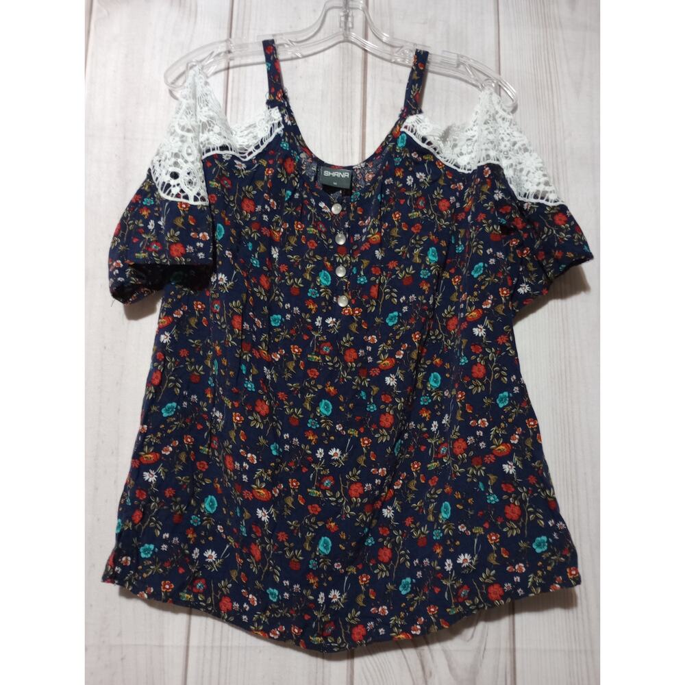 Shana Shirt Ladies Medium‎ Blue Floral Cold Shoulder